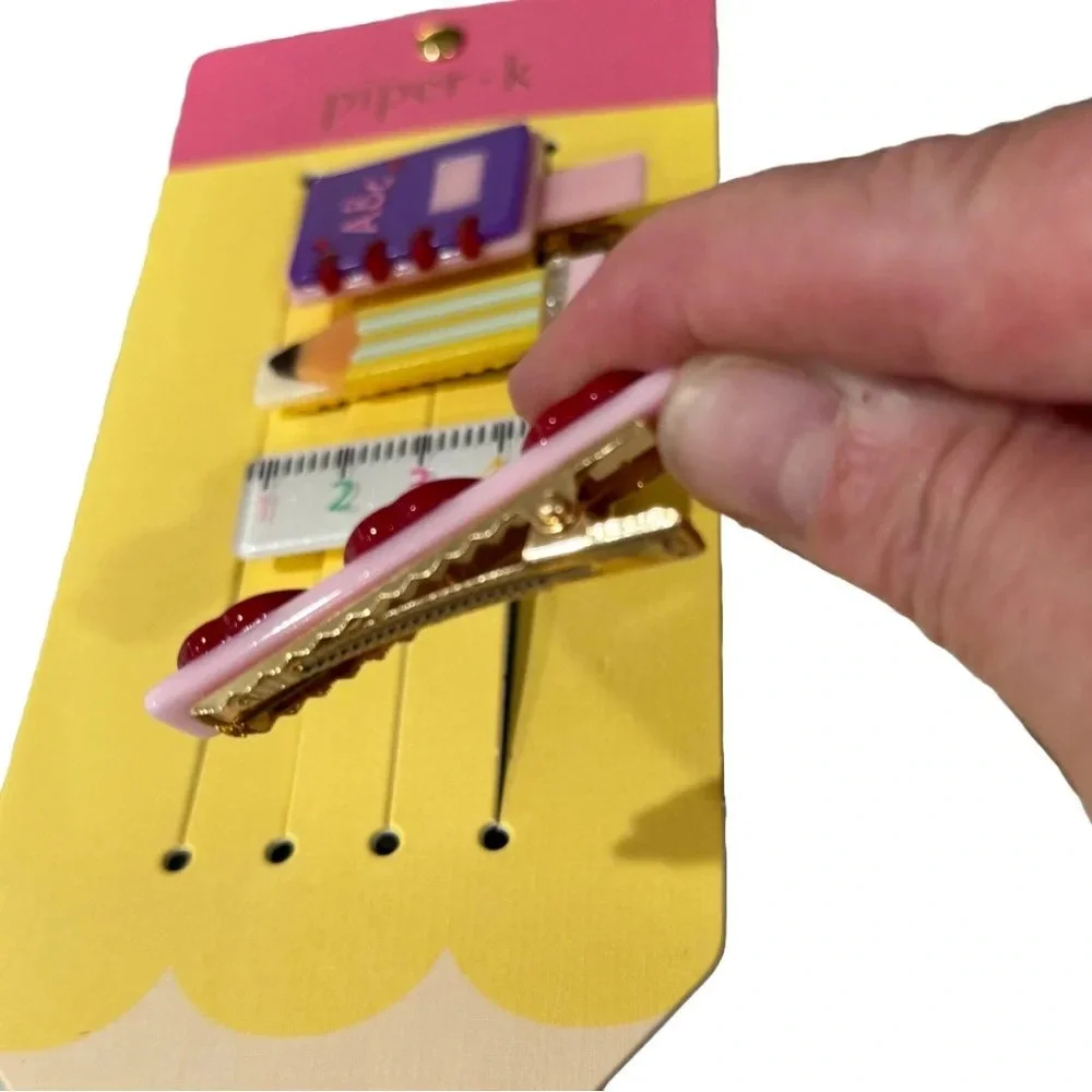 NWOT Set 4 Piper K Barrettes - Ruler, Pencil, Apple, Notebook -Teacher School